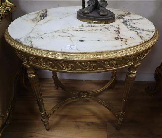 A Louis XVI design oval giltwood marble centre table W.82cm
